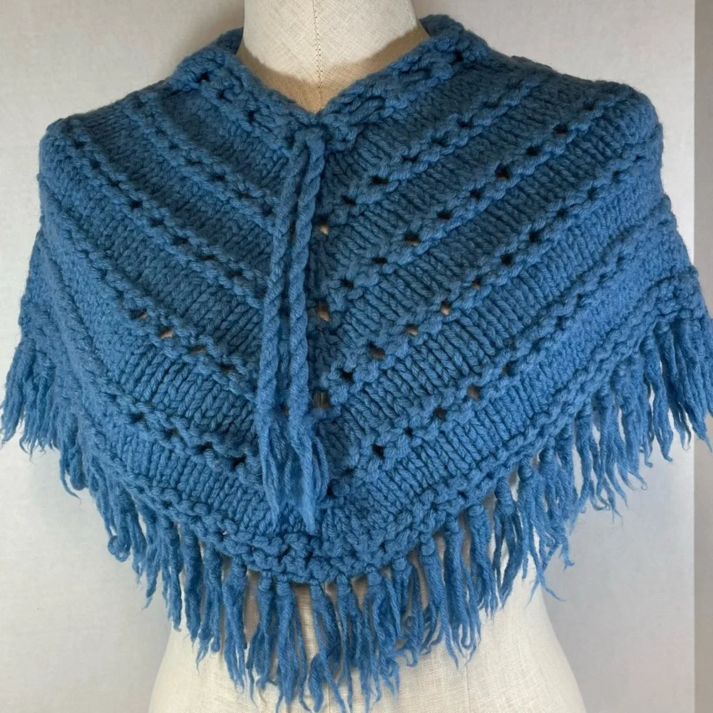 Vintage Crochet Knit Poncho Girls Handmade Blue Grannycore